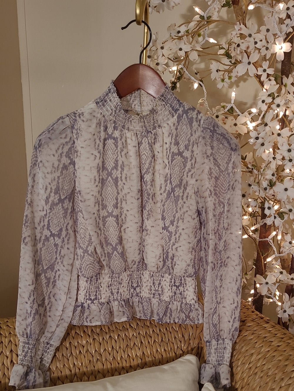 Japna Smocked High-Neck Python-Print Blouse - Cream & Gray